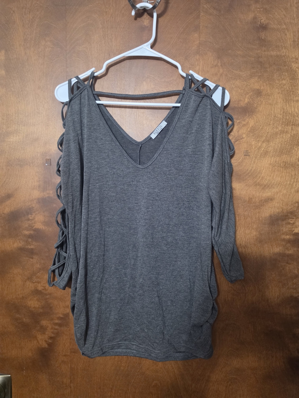 Cold-Shoulder V-Neck Knit Top with Ladder Sleeve Detail - Charcoal